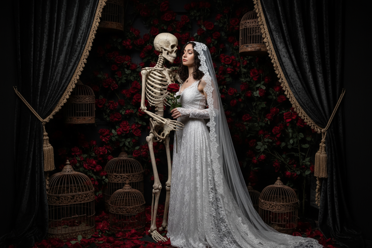 Gothic bride in a lace gown stands beside a skeleton, holding a red rose under dramatic light.