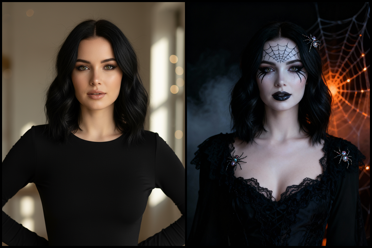 Woman transformed into a gothic spider queen with dark makeup and web-inspired details.