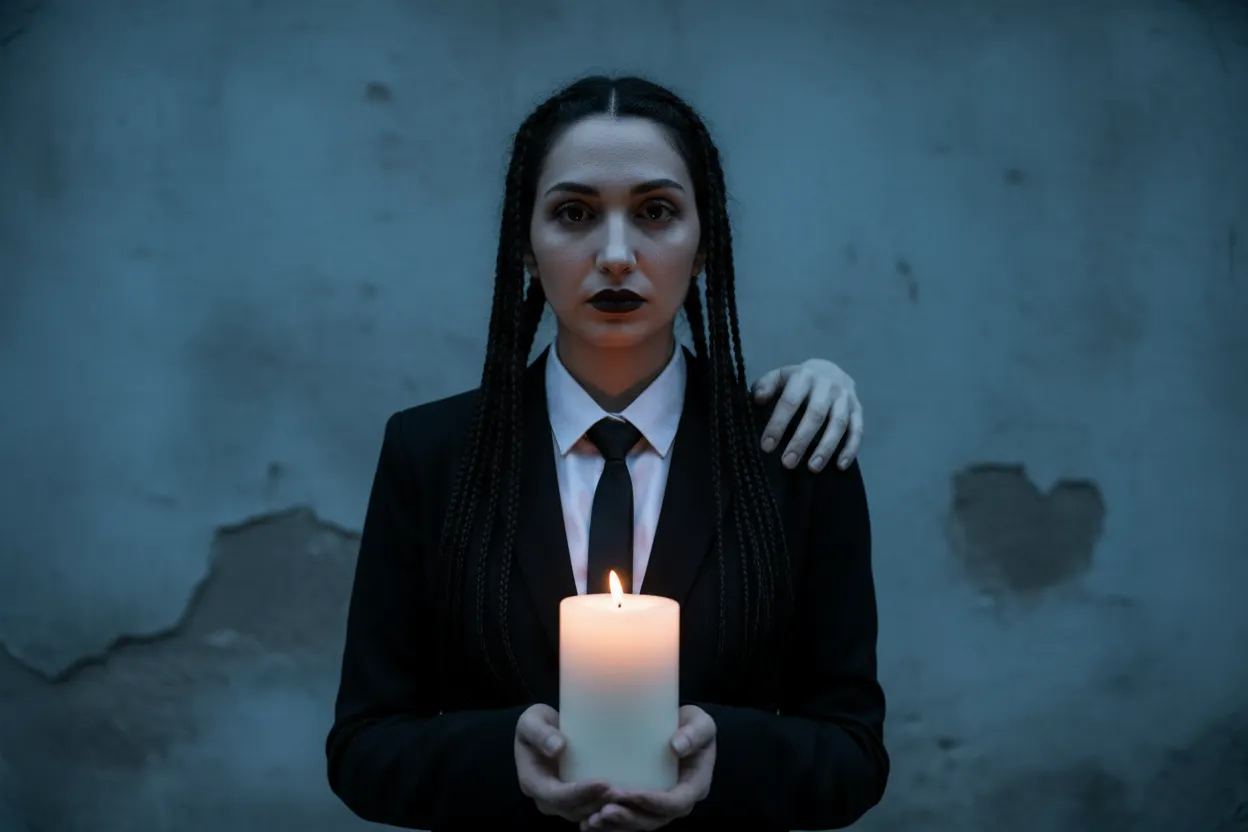 Gothic woman with braided hair holds a glowing candle as a ghostly hand rests on her shoulder.