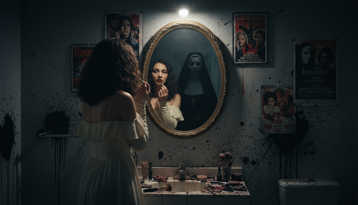Woman in an ivory dress applies lipstick in a mirror as the eerie figure of The Nun looms behind her.