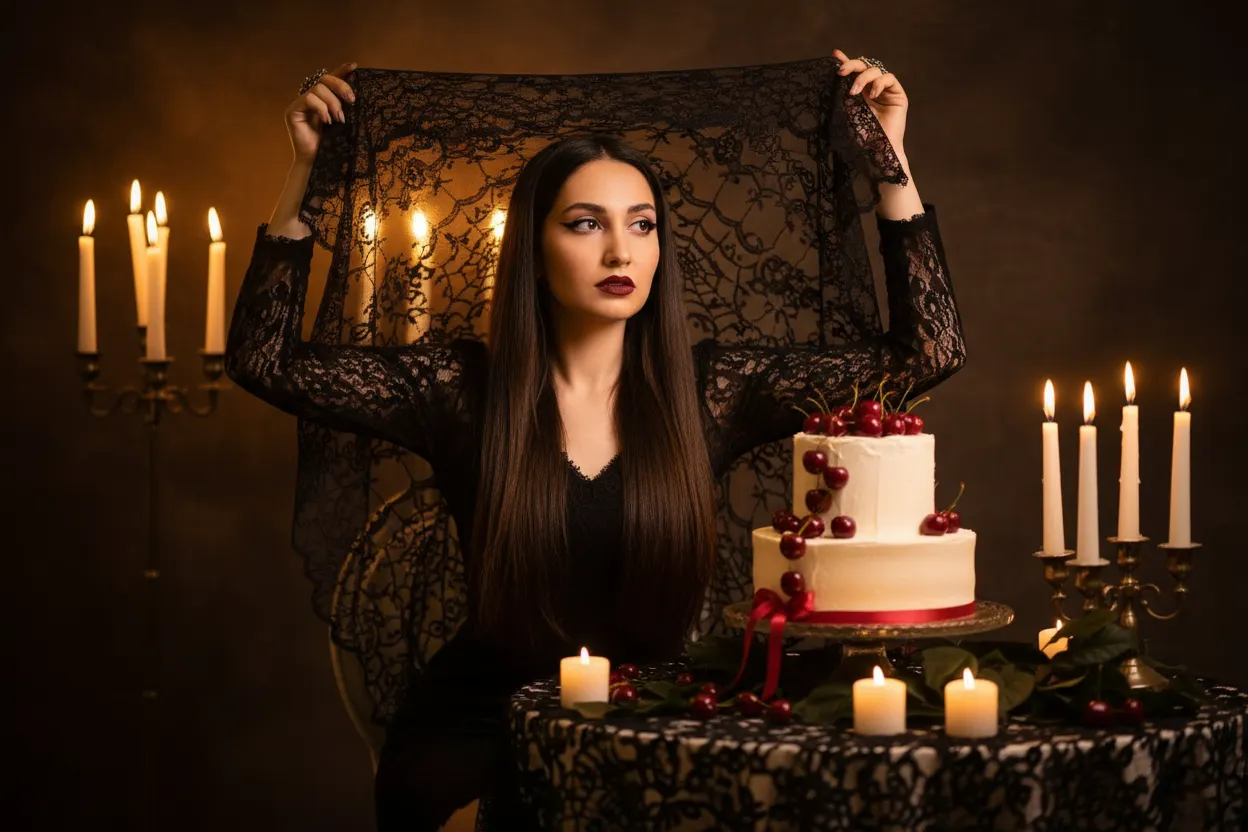 Woman in a gothic black lace dress lifts a spiderweb veil at a candlelit birthday table.