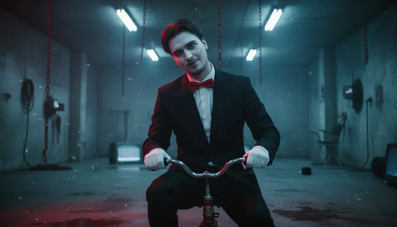 Man styled as the Saw puppet sits on a red tricycle in a dim, industrial room with eerie red light.