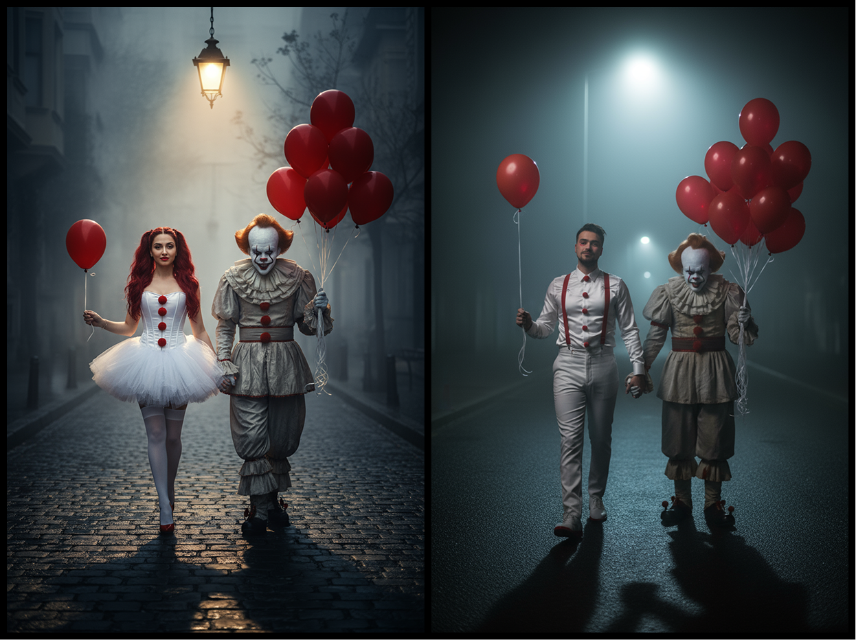 
Woman dressed in a white Pennywise-inspired outfit walks hand in hand with the clown under a foggy streetlamp.
