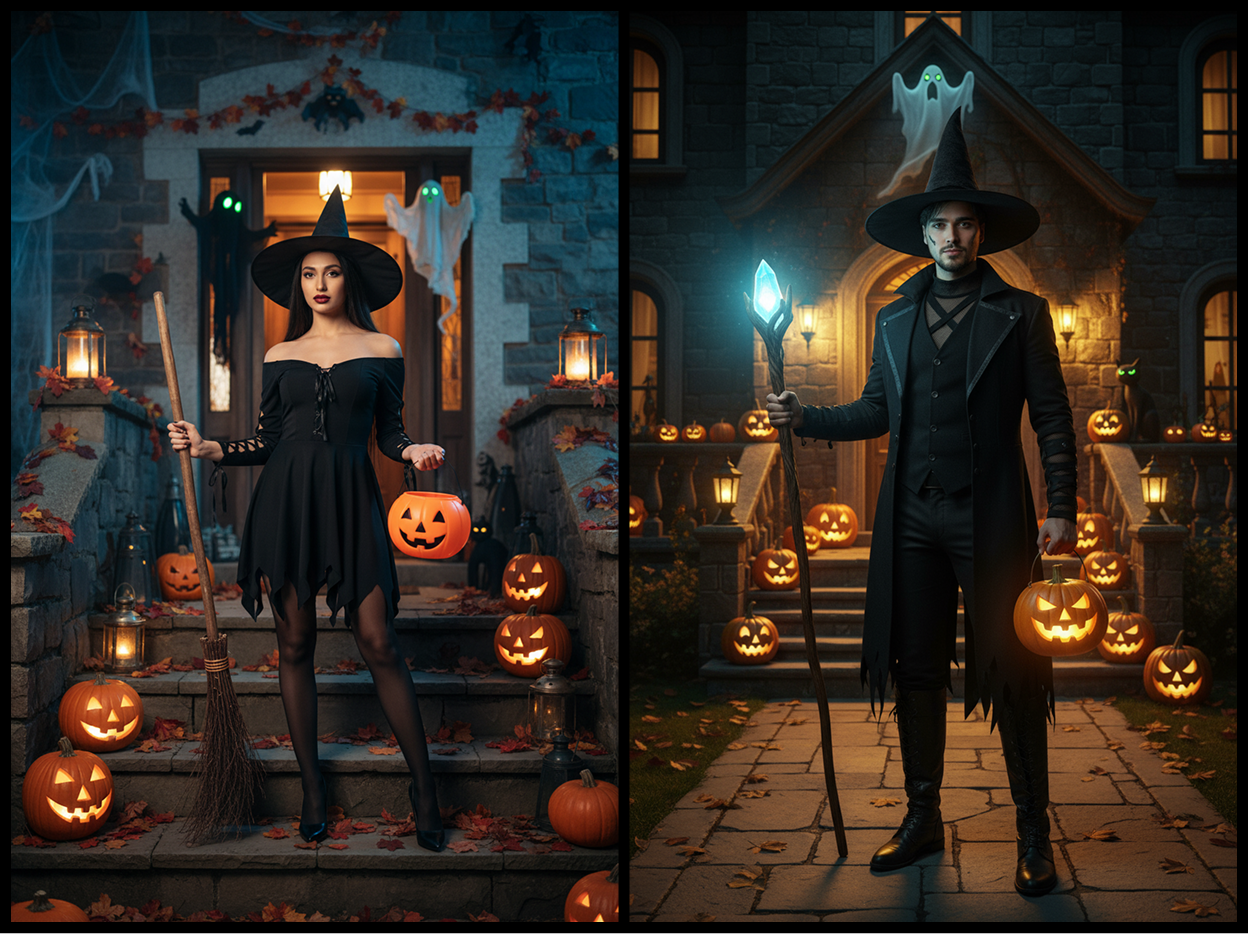 A glamorous Halloween witch stands before a lantern-lit stone house.
