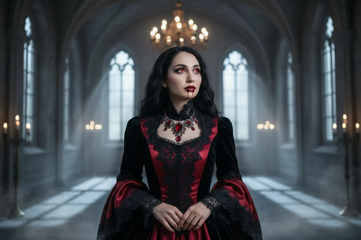 Elegant vampire countess with crimson eyes stands in a candlelit gothic castle hall.