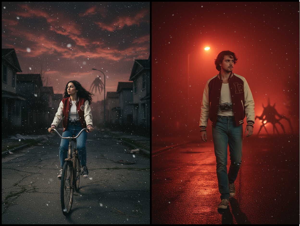 Woman in a letterman jacket rides a bike through an eerie, red-tinted street inspired by Stranger Things.